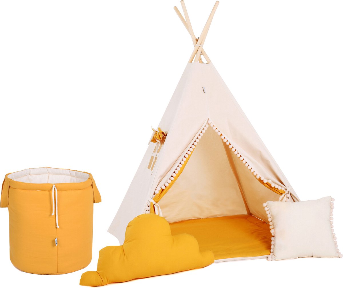 SET Tipi tent oker-beige met speelgoedmand, speelmatras en 2 kussens | Speeltent voor kinderen